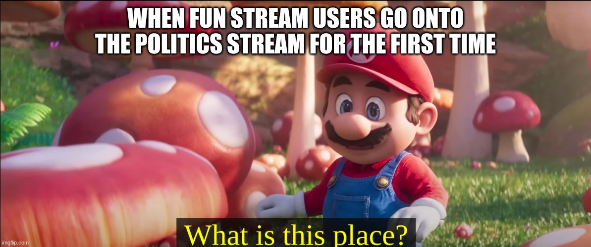 What is this place? | WHEN FUN STREAM USERS GO ONTO THE POLITICS STREAM FOR THE FIRST TIME | image tagged in what is this place | made w/ Imgflip meme maker