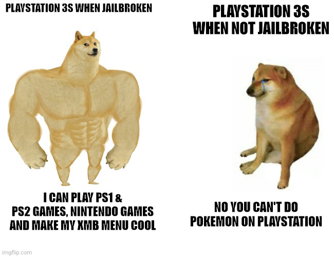 Buff Doge vs. Cheems | PLAYSTATION 3S WHEN JAILBROKEN; PLAYSTATION 3S WHEN NOT JAILBROKEN; I CAN PLAY PS1 & PS2 GAMES, NINTENDO GAMES AND MAKE MY XMB MENU COOL; NO YOU CAN'T DO POKEMON ON PLAYSTATION | image tagged in memes,buff doge vs cheems,playstation,sony | made w/ Imgflip meme maker