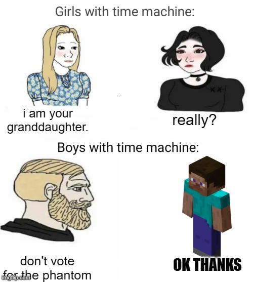 Time machine | i am your granddaughter. really? don't vote for the phantom; OK THANKS | image tagged in time machine | made w/ Imgflip meme maker