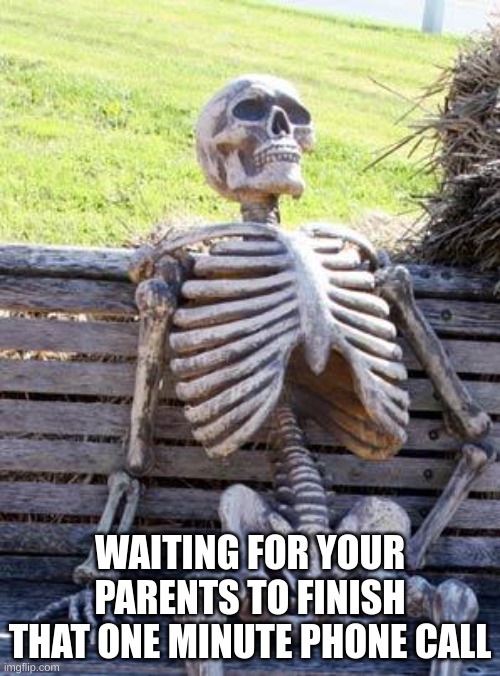 FR | WAITING FOR YOUR PARENTS TO FINISH THAT ONE MINUTE PHONE CALL | image tagged in memes,waiting skeleton | made w/ Imgflip meme maker