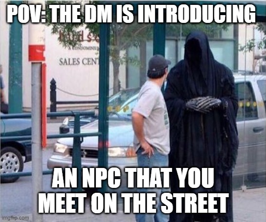 doesn't matter which you decide is the npc | POV: THE DM IS INTRODUCING; AN NPC THAT YOU MEET ON THE STREET | image tagged in grim reaper,dnd,npc,dm,funny | made w/ Imgflip meme maker