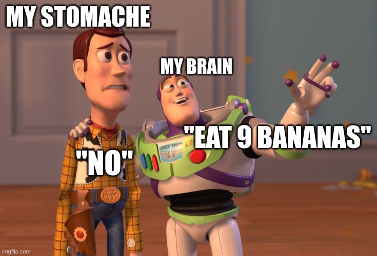 Banana high | MY STOMACHE; MY BRAIN; "EAT 9 BANANAS"; "NO" | image tagged in x x everywhere,banana | made w/ Imgflip meme maker
