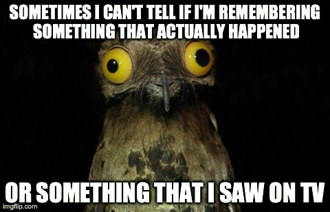 Weird Stuff I Do Potoo | SOMETIMES I CAN'T TELL IF I'M REMEMBERING SOMETHING THAT ACTUALLY HAPPENED OR SOMETHING THAT I SAW ON TV | image tagged in crazy eyed bird,AdviceAnimals | made w/ Imgflip meme maker