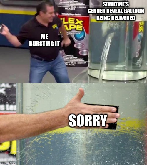 Flex Tape | SOMEONE'S GENDER REVEAL BALLOON BEING DELIVERED; ME BURSTING IT; SORRY | image tagged in flex tape | made w/ Imgflip meme maker