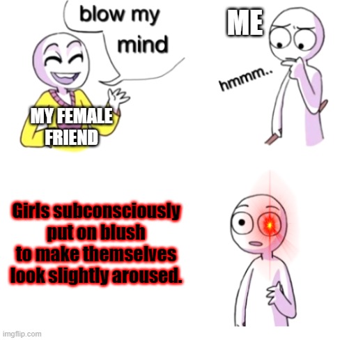 This is actually true, look it up! (Why do girls put blush) | ME; MY FEMALE FRIEND; Girls subconsciously put on blush to make themselves look slightly aroused. | image tagged in blow my mind,true,funny | made w/ Imgflip meme maker