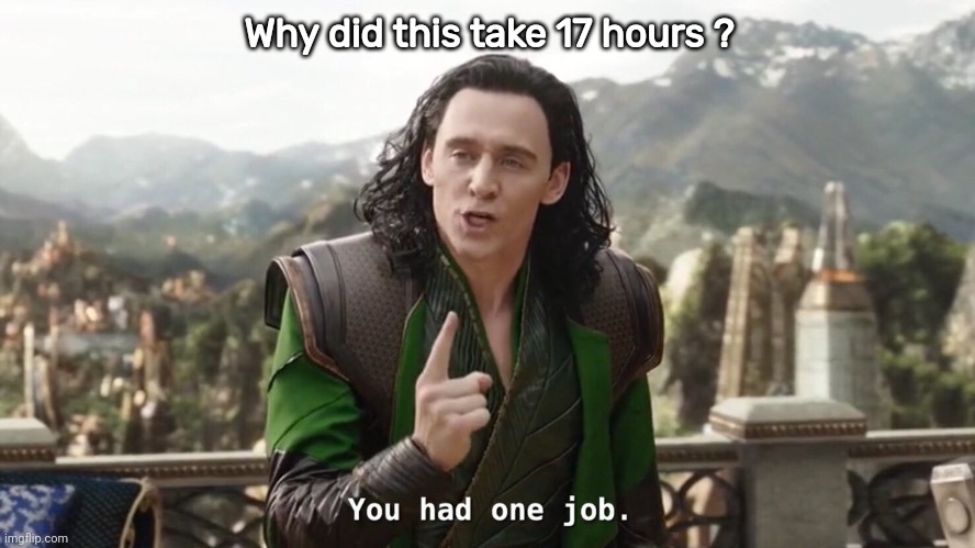 You had one job. Just the one | Why did this take 17 hours ? | image tagged in you had one job just the one | made w/ Imgflip meme maker