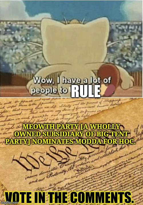 Who woulda seen this coming | RULE; MEOWTH PARTY [A WHOLLY OWNED SUBSIDIARY OF BIG TENT PARTY] NOMINATES MODDA FOR HOC. VOTE IN THE COMMENTS. | image tagged in wow i have a lot of people to disappoint,constitution,hoc,stop it get some help | made w/ Imgflip meme maker