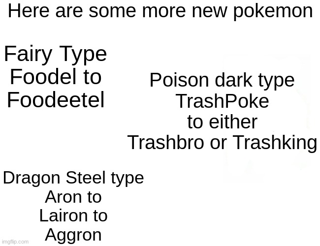 Some more fakemon for my fakeon region Allios | Here are some more new pokemon; Fairy Type
Foodel to
Foodeetel; Poison dark type
TrashPoke
to either
Trashbro or Trashking; Dragon Steel type
Aron to
Lairon to
Aggron | image tagged in memes,buff doge vs cheems | made w/ Imgflip meme maker