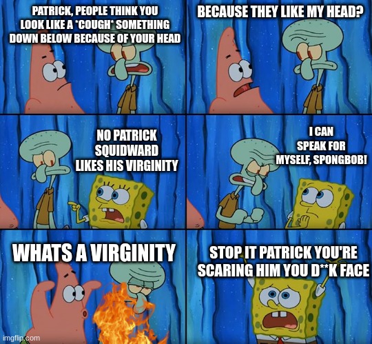 Stop it, Patrick! You're Scaring Him! | PATRICK, PEOPLE THINK YOU LOOK LIKE A *COUGH* SOMETHING DOWN BELOW BECAUSE OF YOUR HEAD; BECAUSE THEY LIKE MY HEAD? I CAN SPEAK FOR MYSELF, SPONGBOB! NO PATRICK SQUIDWARD LIKES HIS VIRGINITY; WHATS A VIRGINITY; STOP IT PATRICK YOU'RE SCARING HIM YOU D**K FACE | image tagged in stop it patrick you're scaring him | made w/ Imgflip meme maker