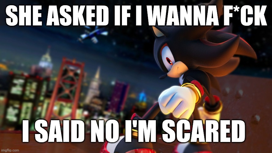 Shadow the hedgehog | SHE ASKED IF I WANNA F*CK; I SAID NO I'M SCARED | image tagged in shadow the hedgehog | made w/ Imgflip meme maker
