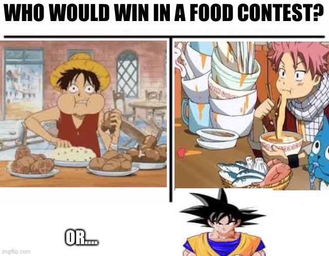 A remake | WHO WOULD WIN IN A FOOD CONTEST? OR…. | image tagged in goku,natsu,luffy,anime meme | made w/ Imgflip meme maker