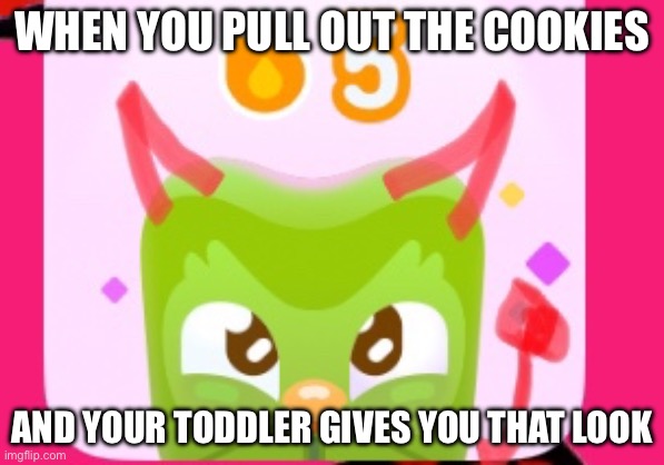 Demonic Duolingo | WHEN YOU PULL OUT THE COOKIES; AND YOUR TODDLER GIVES YOU THAT LOOK | image tagged in demonic duolingo | made w/ Imgflip meme maker