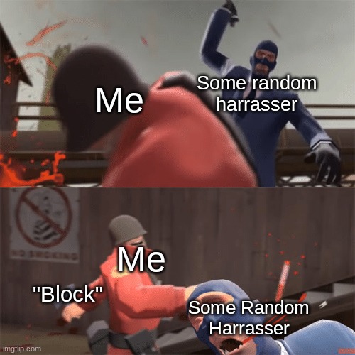 Works every time. | Some random harrasser; Me; Me; "Block"; Some Random Harrasser | image tagged in soldier vs spy | made w/ Imgflip meme maker