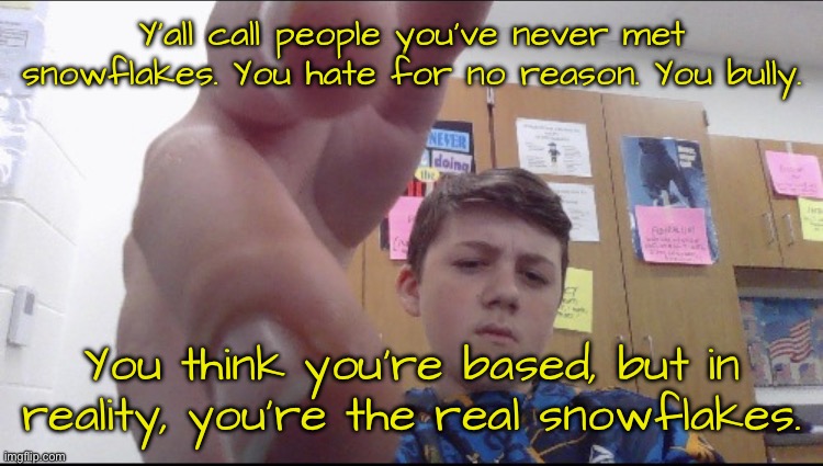 Wake up. | Y’all call people you’ve never met snowflakes. You hate for no reason. You bully. You think you’re based, but in reality, you’re the real snowflakes. | image tagged in slam shaddy | made w/ Imgflip meme maker