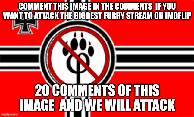 anti furry flag | COMMENT THIS IMAGE IN THE COMMENTS  IF YOU WANT TO ATTACK THE BIGGEST FURRY STREAM ON IMGFLIP; 20 COMMENTS OF THIS IMAGE  AND WE WILL ATTACK | image tagged in anti furry flag | made w/ Imgflip meme maker