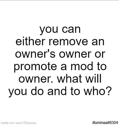 you can either remove an owner's owner or promote a mod to owner. what will you do and to who? | made w/ Imgflip meme maker