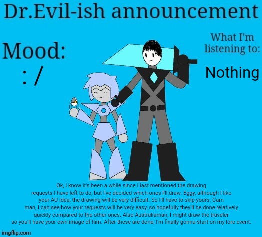 Note: Australiaman didn't ask me to draw the traveler, I'm just considering drawing him so he has a proper image. | : /; Nothing; Ok, I know it's been a while since I last mentioned the drawing requests I have left to do, but I've decided which ones I'll draw. Eggy, although I like your AU idea, the drawing will be very difficult. So I'll have to skip yours. Cam man, I can see how your requests will be very easy, so hopefully they'll be done relatively quickly compared to the other ones. Also Australiaman, I might draw the traveler so you'll have your own image of him. After these are done, I'm finally gonna start on my lore event. | image tagged in dr evil-ish new announcement template | made w/ Imgflip meme maker