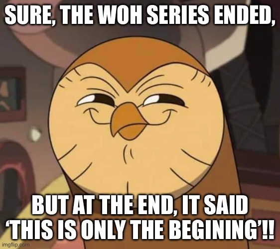 WoH ended… or did it? | SURE, THE WOH SERIES ENDED, BUT AT THE END, IT SAID ‘THIS IS ONLY THE BEGINING’!! | image tagged in hooty like | made w/ Imgflip meme maker