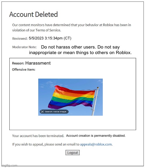 This guy got banned for this because he stands up for LGBTQ but Roblox banned him because Roblox doesn’t support LGBTQ | 5/5/2023 3:15:34pm (CT); Do not harass other users. Do not say inappropriate or mean things to others on Roblox. Harassment; Account creation is permanently disabled. | image tagged in banned from roblox | made w/ Imgflip meme maker