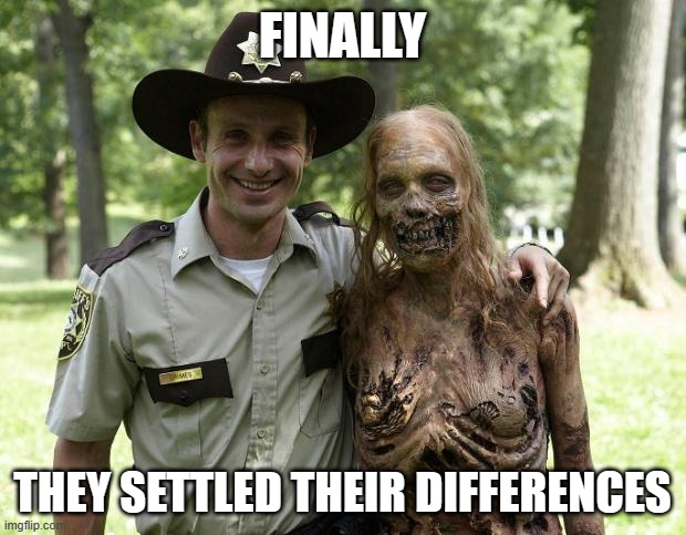 The Walking Dead Rick Grimes | FINALLY; THEY SETTLED THEIR DIFFERENCES | image tagged in the walking dead rick grimes | made w/ Imgflip meme maker
