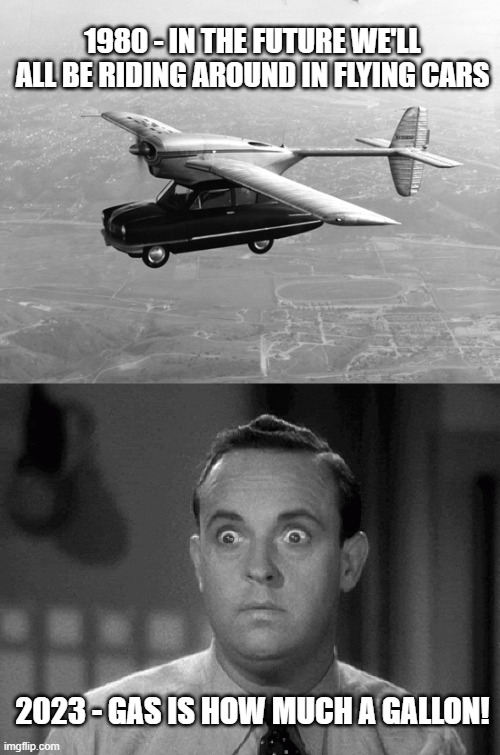 1980 - IN THE FUTURE WE'LL ALL BE RIDING AROUND IN FLYING CARS; 2023 - GAS IS HOW MUCH A GALLON! | image tagged in shocked face | made w/ Imgflip meme maker