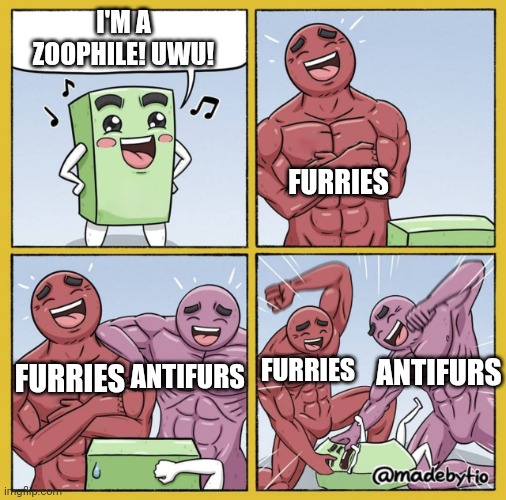 Let's team up and take the evil down! | I'M A ZOOPHILE! UWU! FURRIES; FURRIES; ANTIFURS; FURRIES; ANTIFURS | image tagged in beatdown | made w/ Imgflip meme maker