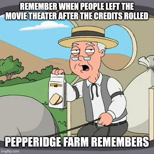 Not every movie has an after credits scene | REMEMBER WHEN PEOPLE LEFT THE MOVIE THEATER AFTER THE CREDITS ROLLED; PEPPERIDGE FARM REMEMBERS | image tagged in memes,pepperidge farm remembers,movies | made w/ Imgflip meme maker