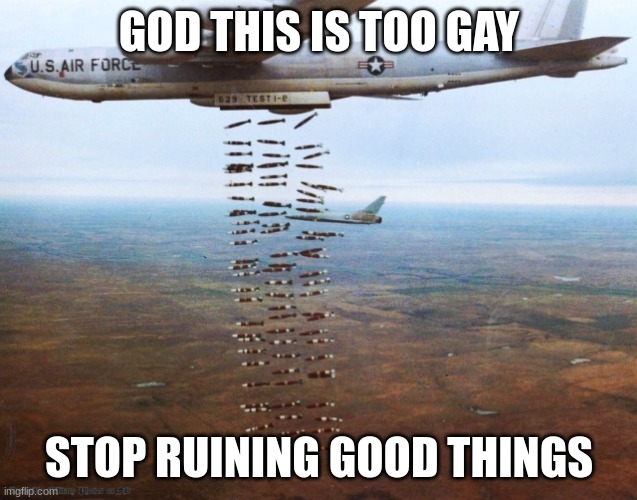 bombing run | GOD THIS IS TOO GAY; STOP RUINING GOOD THINGS | image tagged in bombing run | made w/ Imgflip meme maker