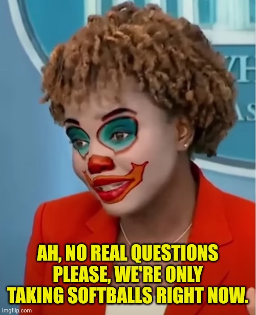 Clown Karine | AH, NO REAL QUESTIONS PLEASE, WE'RE ONLY TAKING SOFTBALLS RIGHT NOW. | image tagged in clown karine | made w/ Imgflip meme maker