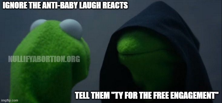 TY for the engagement, trolls | IGNORE THE ANTI-BABY LAUGH REACTS; NULLIFYABORTION.ORG; TELL THEM "TY FOR THE FREE ENGAGEMENT" | image tagged in memes,evil kermit,internet trolls,abortion,prolife,social media | made w/ Imgflip meme maker