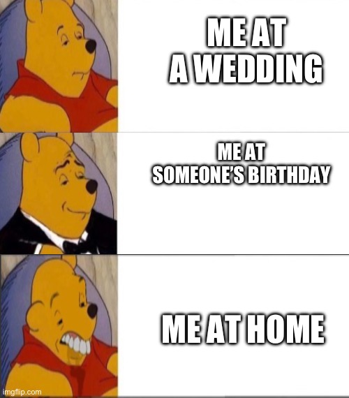 ME AT A WEDDING; ME AT SOMEONE’S BIRTHDAY; ME AT HOME | image tagged in fancy winnie the pooh meme | made w/ Imgflip meme maker