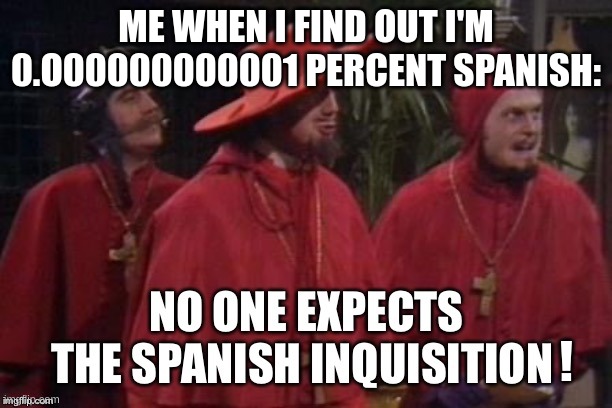not a true story, but if this does ever happen this is basically what my reaction is going to be. | ME WHEN I FIND OUT I'M 0.O00000000001 PERCENT SPANISH:; ! | image tagged in no one expects the spanish inquisition | made w/ Imgflip meme maker