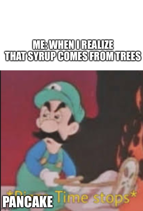 Oh shoot I don’t want to like that | ME: WHEN I REALIZE THAT SYRUP COMES FROM TREES; PANCAKE | image tagged in pizza time stops | made w/ Imgflip meme maker