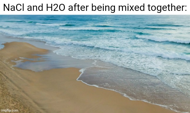 NaCl and H2O | NaCl and H2O after being mixed together: | image tagged in salt water,beach,science,salt,water,memes | made w/ Imgflip meme maker