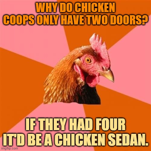 Anti Joke Chicken | WHY DO CHICKEN COOPS ONLY HAVE TWO DOORS? IF THEY HAD FOUR IT'D BE A CHICKEN SEDAN. | image tagged in memes,anti joke chicken,dad joke,funny | made w/ Imgflip meme maker
