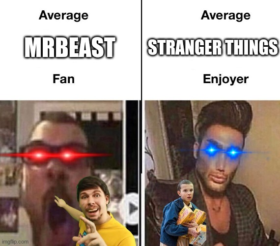 Average Fan vs. Average Enjoyer | STRANGER THINGS; MRBEAST | image tagged in average fan vs average enjoyer | made w/ Imgflip meme maker