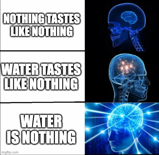 Galaxy Brain (3 brains) | NOTHING TASTES LIKE NOTHING; WATER TASTES LIKE NOTHING; WATER IS NOTHING | image tagged in galaxy brain 3 brains | made w/ Imgflip meme maker