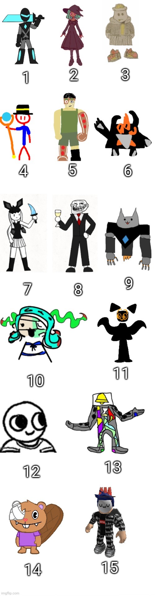 2; 3; 1; 6; 4; 5; 9; 7; 8; 11; 10; 13; 12; 15; 14 | image tagged in the most basic imgflip-bossfights oc list everrr | made w/ Imgflip meme maker