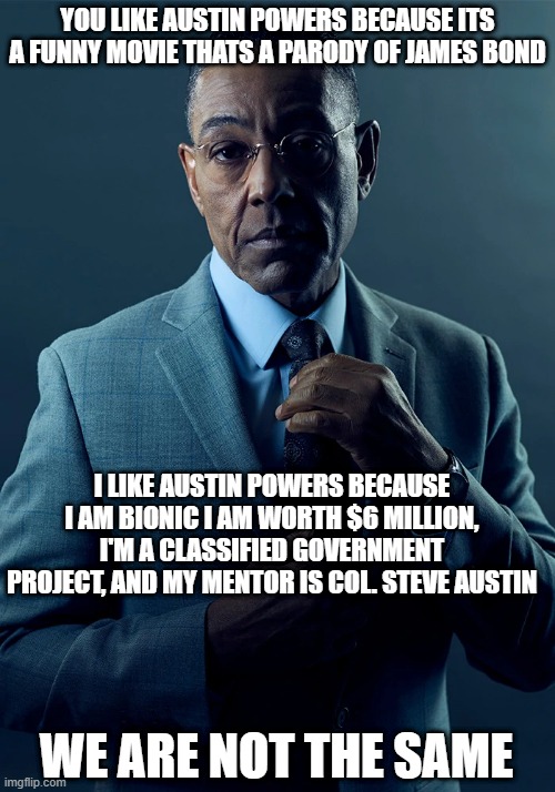 we are nit the same | YOU LIKE AUSTIN POWERS BECAUSE ITS A FUNNY MOVIE THATS A PARODY OF JAMES BOND; I LIKE AUSTIN POWERS BECAUSE I AM BIONIC I AM WORTH $6 MILLION, I'M A CLASSIFIED GOVERNMENT PROJECT, AND MY MENTOR IS COL. STEVE AUSTIN; WE ARE NOT THE SAME | image tagged in we are not the same | made w/ Imgflip meme maker