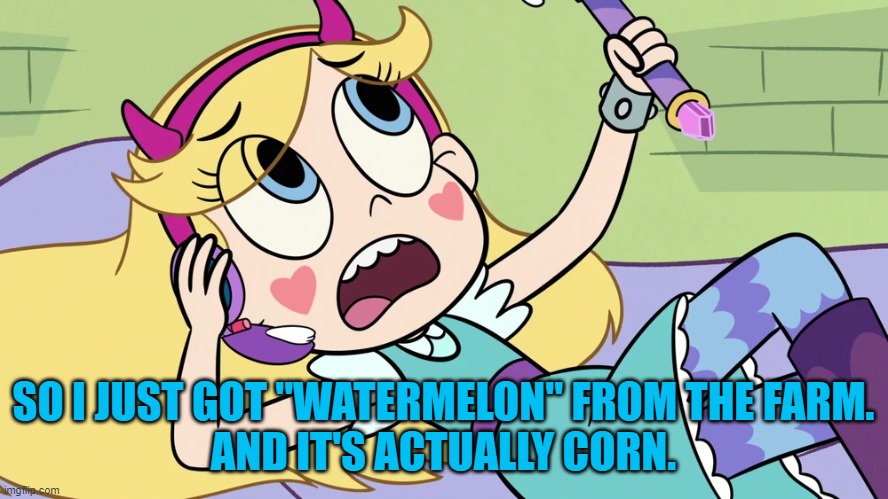 Star Butterfly Calling someone | SO I JUST GOT "WATERMELON" FROM THE FARM.
AND IT'S ACTUALLY CORN. | image tagged in star butterfly calling someone | made w/ Imgflip meme maker