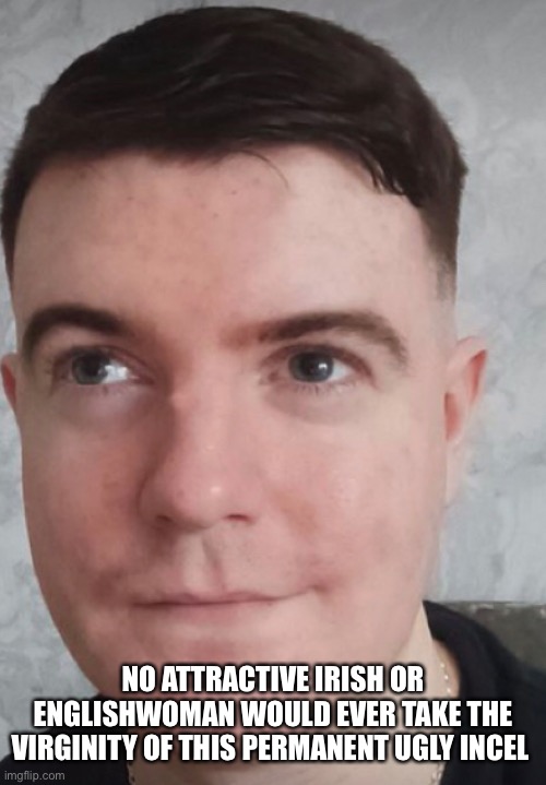 DeanfAmy No attractive Irish or Englishwoman would ever take the virginity of this permanent ugly Incel | NO ATTRACTIVE IRISH OR ENGLISHWOMAN WOULD EVER TAKE THE VIRGINITY OF THIS PERMANENT UGLY INCEL | image tagged in irish,perm,virgin,incel | made w/ Imgflip meme maker