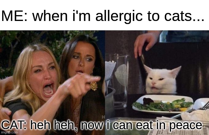 Woman Yelling At Cat Meme | ME: when i'm allergic to cats... CAT: heh heh, now i can eat in peace | image tagged in memes,woman yelling at cat | made w/ Imgflip meme maker