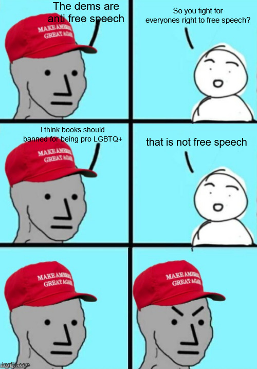 The hypocrisy is off the charts | The dems are anti free speech; So you fight for everyones right to free speech? I think books should banned for being pro LGBTQ+; that is not free speech | image tagged in conservative hypocrisy,npc meme,conservative npc | made w/ Imgflip meme maker