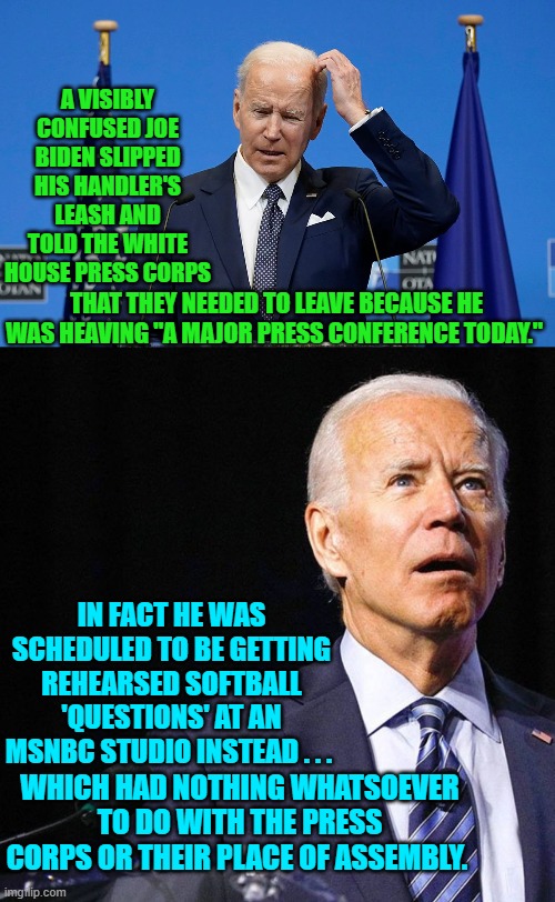 Yes, this really happened.  Four more years, eh leftists? | A VISIBLY CONFUSED JOE BIDEN SLIPPED HIS HANDLER'S LEASH AND TOLD THE WHITE HOUSE PRESS CORPS; THAT THEY NEEDED TO LEAVE BECAUSE HE WAS HEAVING "A MAJOR PRESS CONFERENCE TODAY."; IN FACT HE WAS SCHEDULED TO BE GETTING REHEARSED SOFTBALL 'QUESTIONS' AT AN MSNBC STUDIO INSTEAD . . . WHICH HAD NOTHING WHATSOEVER TO DO WITH THE PRESS CORPS OR THEIR PLACE OF ASSEMBLY. | image tagged in truth | made w/ Imgflip meme maker