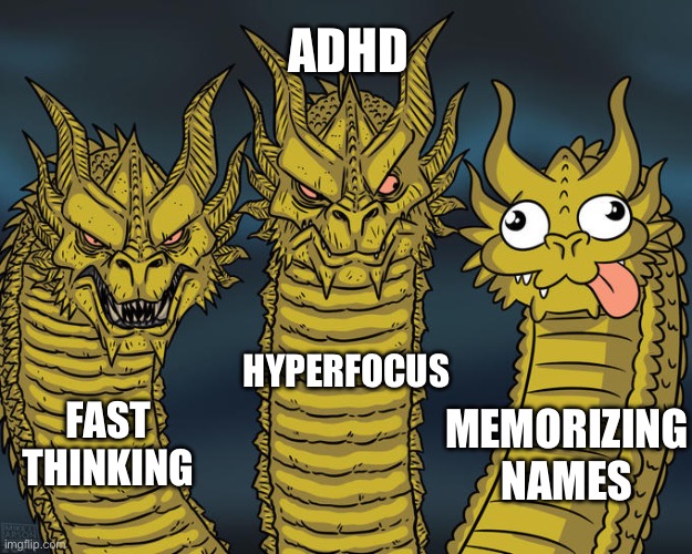 Adhd | ADHD; HYPERFOCUS; FAST THINKING; MEMORIZING NAMES | image tagged in three-headed dragon | made w/ Imgflip meme maker