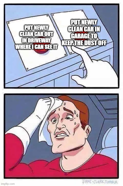 decisions | PUT NEWLY CLEAN CAR IN GARAGE TO KEEP THE DUST OFF; PUT NEWLY CLEAN CAR OUT IN DRIVEWAY WHERE I CAN SEE IT | image tagged in decisions | made w/ Imgflip meme maker