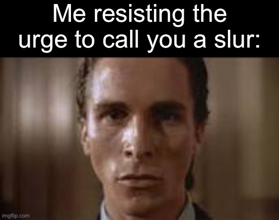 Patrick Bateman staring | Me resisting the urge to call you a slur: | image tagged in patrick bateman staring | made w/ Imgflip meme maker