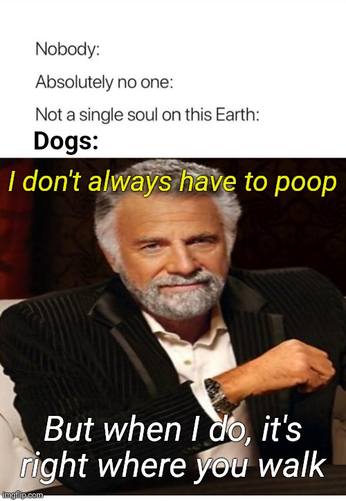 Watch yer step | Dogs:; I don't always have to poop; But when I do, it's right where you walk | made w/ Imgflip meme maker