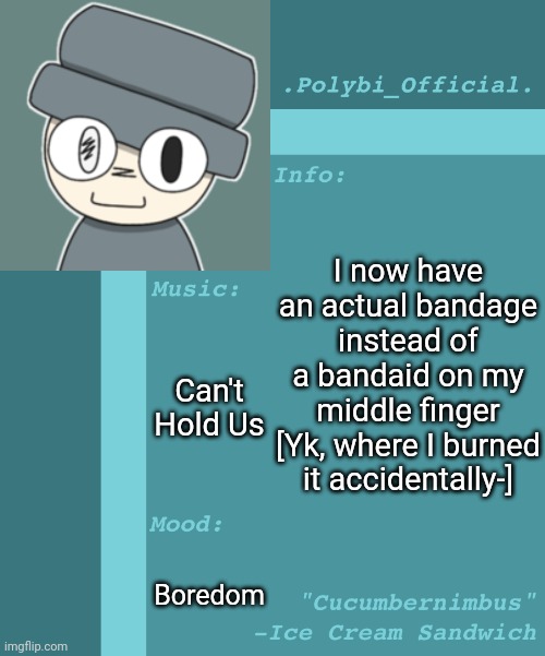 Fyi | I now have an actual bandage instead of a bandaid on my middle finger [Yk, where I burned it accidentally-]; Can't Hold Us; Boredom | image tagged in polybi_official s announcement template,idk,stuff,s o u p,carck | made w/ Imgflip meme maker