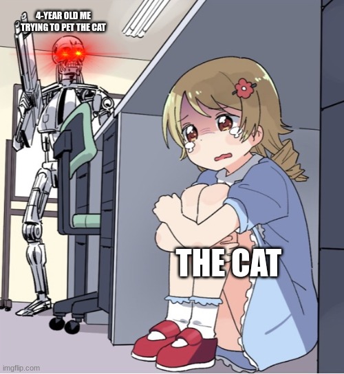 :::::))))) | 4-YEAR OLD ME TRYING TO PET THE CAT; THE CAT | image tagged in anime girl hiding from terminator | made w/ Imgflip meme maker